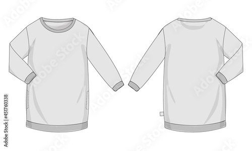 Round neck long sleeve dress for ladies. Overall technical fashion sketch vector template front and back view. Apparel design vector art illustration Women's Unisex CAD.