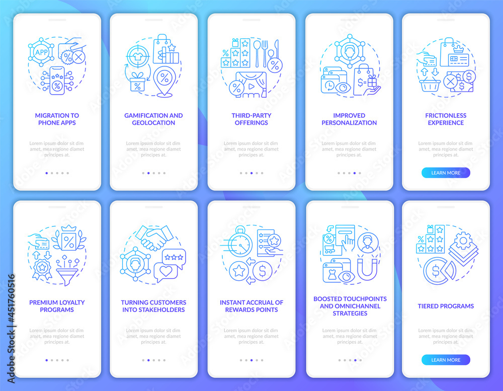 Reward system for customers blue gradient onboarding mobile app page screen set. Walkthrough 5 steps graphic instructions with concepts. UI, UX, GUI vector template with linear color illustrations