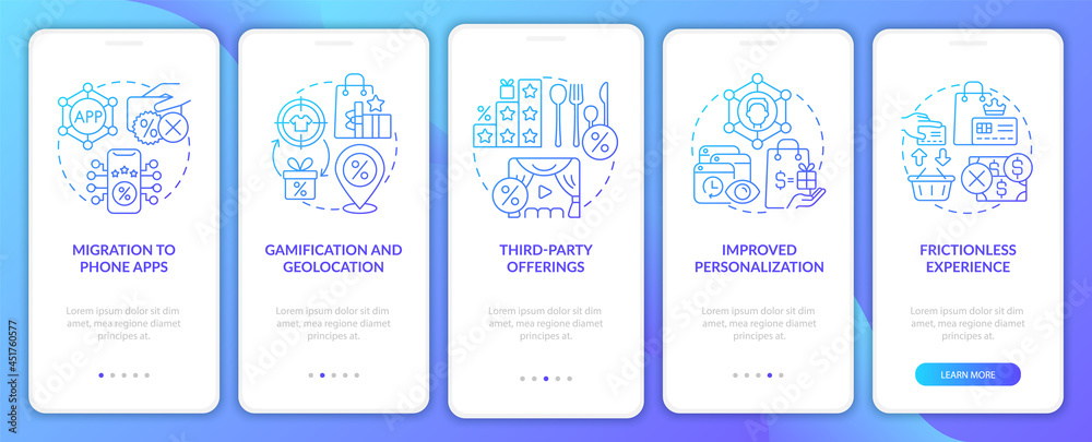 Loyalty programs trends blue gradient onboarding mobile app page screen. Tendencies walkthrough 5 steps graphic instructions with concepts. UI, UX, GUI vector template with linear color illustrations