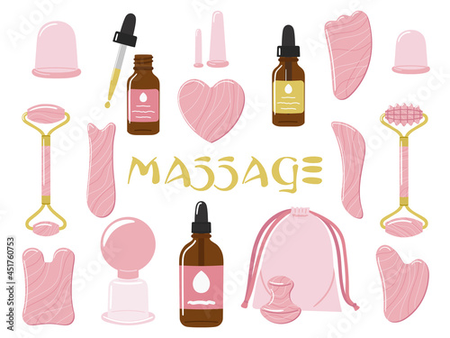 Big set of organic skin care products, face oil, vacuum massage cups, gua sha stones, rollers are made of rose quartz. Home beauty skin care routine. Hand drawn vector illustration.