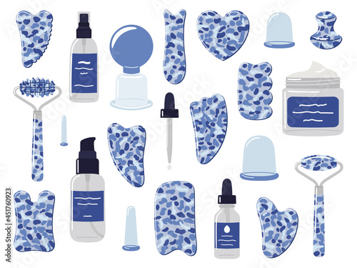 Big set of organic skin care products, face oil, vacuum massage cups, gua sha stones, rollers are made of blue sodalite. Home beauty skin care routine. Hand drawn vector illustration.