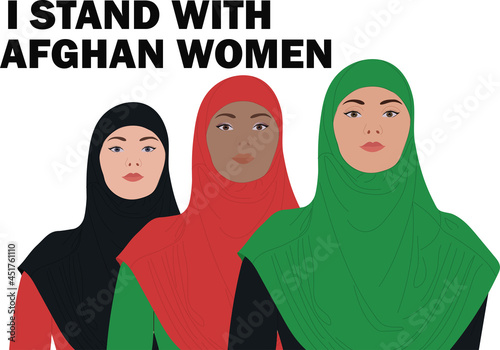 Three women in hijab on the white background. Text: I STAND WITH AFGHAN WOMEN. Vector illustration