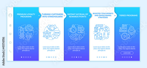Loyalty program direction onboarding vector template. Responsive mobile website with icons. Web page walkthrough 5 step screens. Reward program color concept with linear illustrations