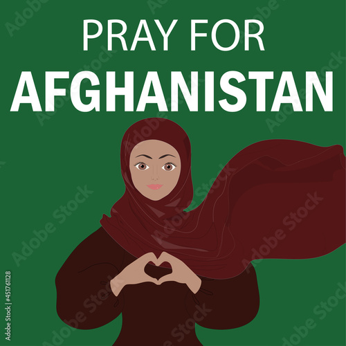 Woman wearing hijab with hands folded in the form of a heart. Pray for Afghanistan. Vector illustration.