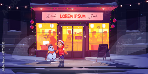 Little girl and snowman at winter bar, Christmas