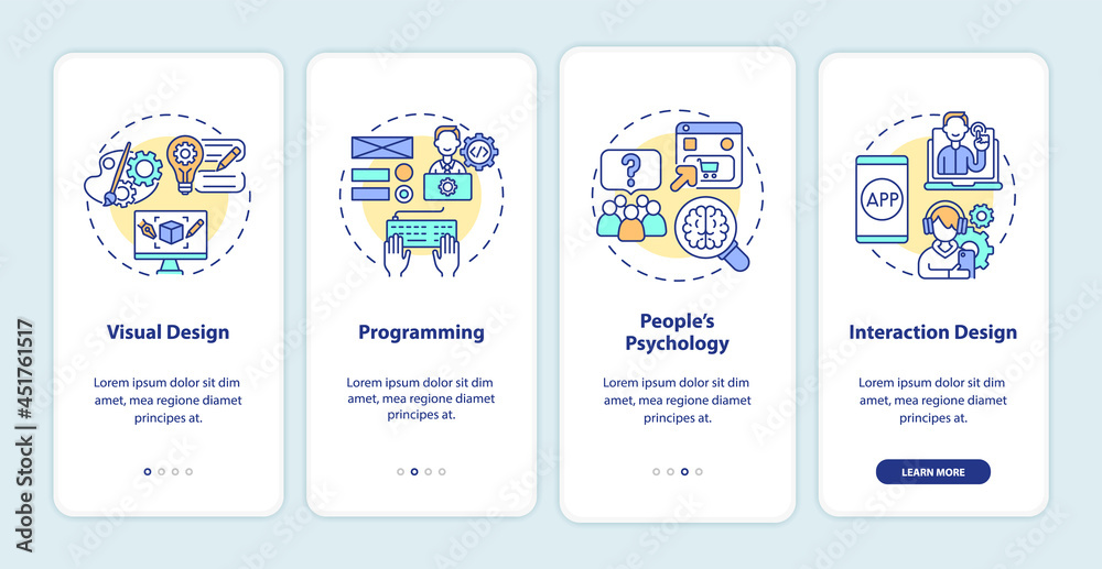 UX design onboarding mobile app page screen. Visualisation, programming walkthrough 4 steps graphic instructions with concepts. UI, UX, GUI vector template with linear color illustrations