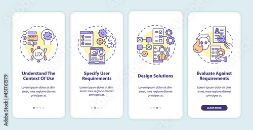 User-centered work process onboarding mobile app page screen. Design solutions walkthrough 4 steps graphic instructions with concepts. UI, UX, GUI vector template with linear color illustrations