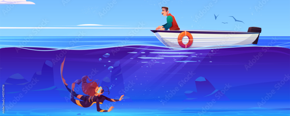 Sea landscape with scuba diver and man in boat Sea landscape with scuba diver and man in boat