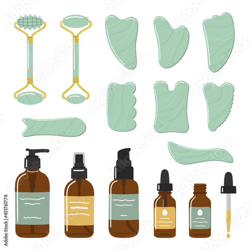 Big set of organic skin care products, face oil, gua sha stones, rollers are made of green aventurine. Home beauty skin care routine. Hand drawn vector illustration.