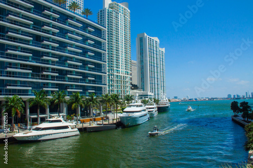 Cityscape of Miami, view of the embankment in summer, ocean and skyscrapers