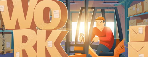 Forklift loader work, warehouse worker on truck