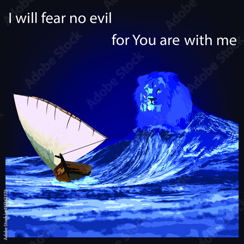 Stormy sea. Realistic wave lightning Christian text from the Bible. Vector graphics for church. Color lion icon. Animal. Sailboat.