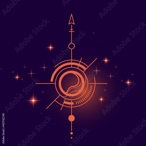 Vector illustration of abstract neon red light space symbol with circle, arrow and line on dark background