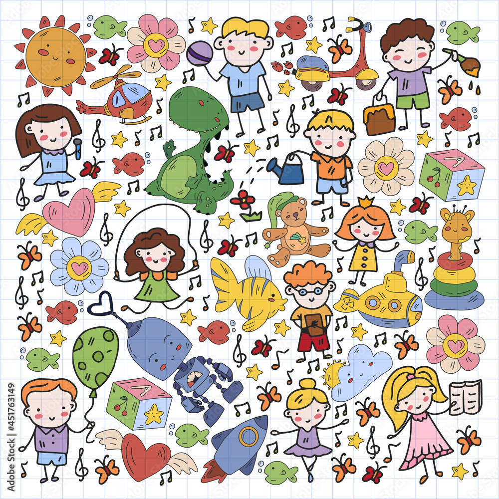 Fototapeta premium Children play with toys in the kindergarten. Kids playground. Education, creativity, imagination.