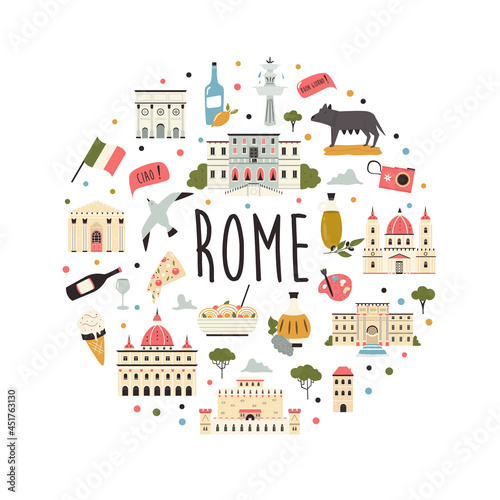Tourist abstract design with famous destinations and landmarks of Rome.