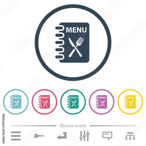 Menu with fork and knife flat color icons in round outlines