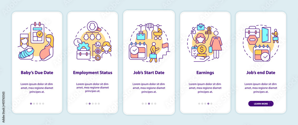 Calculating maternity pay requirements onboarding mobile app page screen. Walkthrough 5 steps graphic instructions with concepts. UI, UX, GUI vector template with linear color illustrations