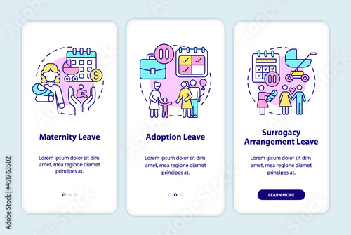Maternity leave types onboarding mobile app page screen. Adoption, surrogacy walkthrough 3 steps graphic instructions with concepts. UI, UX, GUI vector template with linear color illustrations