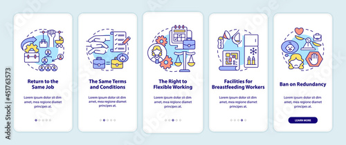 Return to work employee rights onboarding mobile app page screen. Workplace return walkthrough 5 steps graphic instructions with concepts. UI, UX, GUI vector template with linear color illustrations