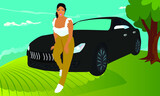girl stand with car, enjoy the illustration with vector