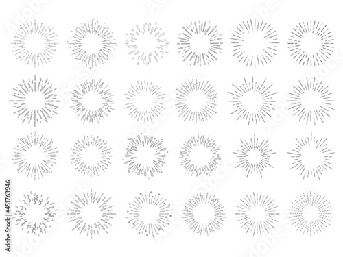 Collection of hand drawn sunburst in retro style. Vector illustration isolated on white background