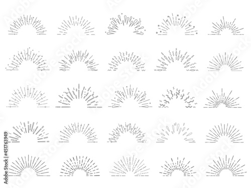 Collection of hand drawn sunburst in retro style. Half circle. Vector illustration isolated on white background