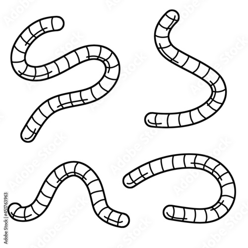 Earthworm. Insect worm set. Bait for fishing. Black and white cartoon illustration