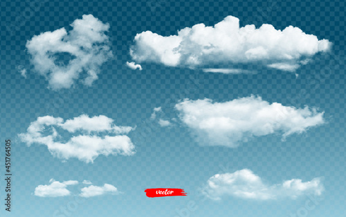 Set of clouds. 3d realistic vector illustration of different clouds on transparent background.