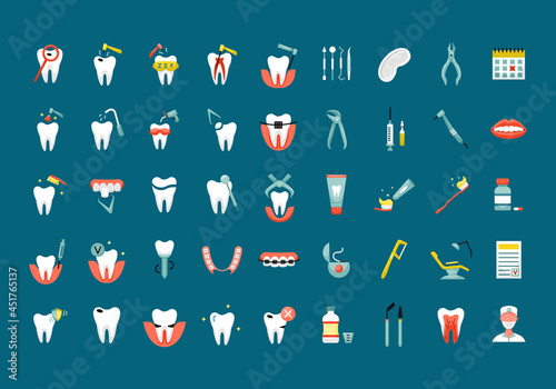 Vector set with flat color dentistry icons