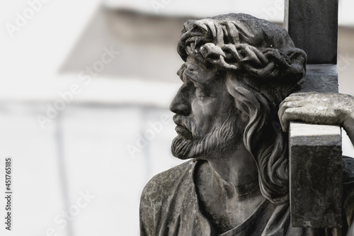 Jesus Christ crown of thorns. Fragment of ancient stone statue.