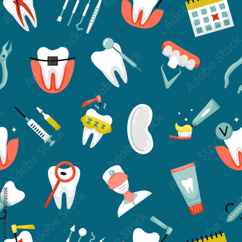 Vector seamless pattern with dentistry icons. Dental background