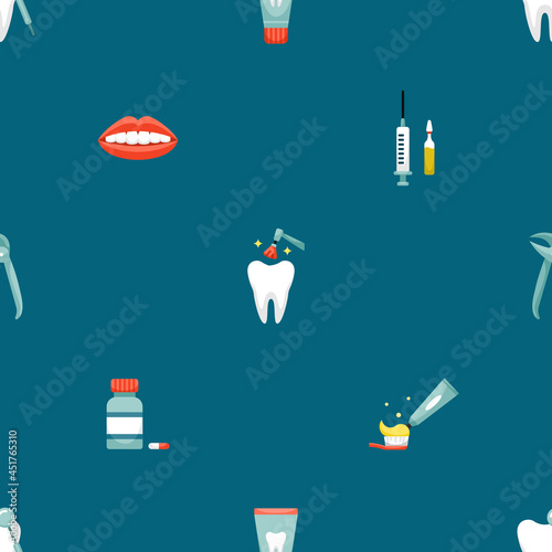 Vector seamless pattern with dentistry icons. Dental background