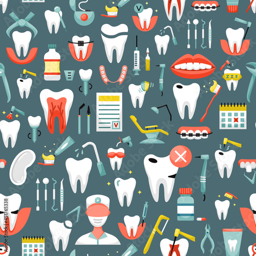 Vector seamless pattern with dentistry icons. Dental background