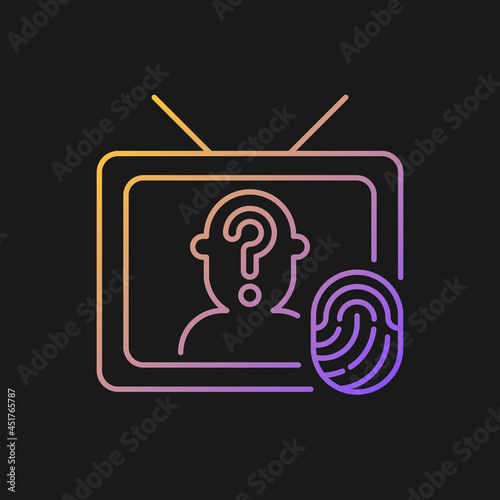 Online investigation show gradient vector icon for dark theme. True crime series. Suspense genre on TV channel. Thin line color symbol. Modern style pictogram. Vector isolated outline drawing