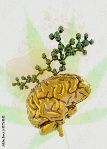 Cannabis and brain, illustration