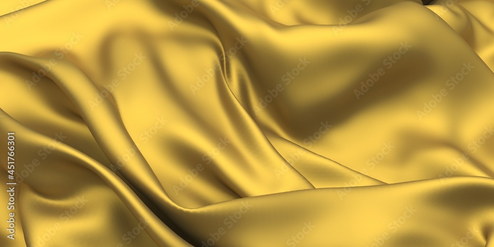 Fototapeta premium Golden fabric silk background. Yellow satin wavy texture