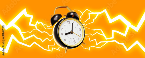 3d horizontal illustration of flying retro black alarm clock with lightning trail