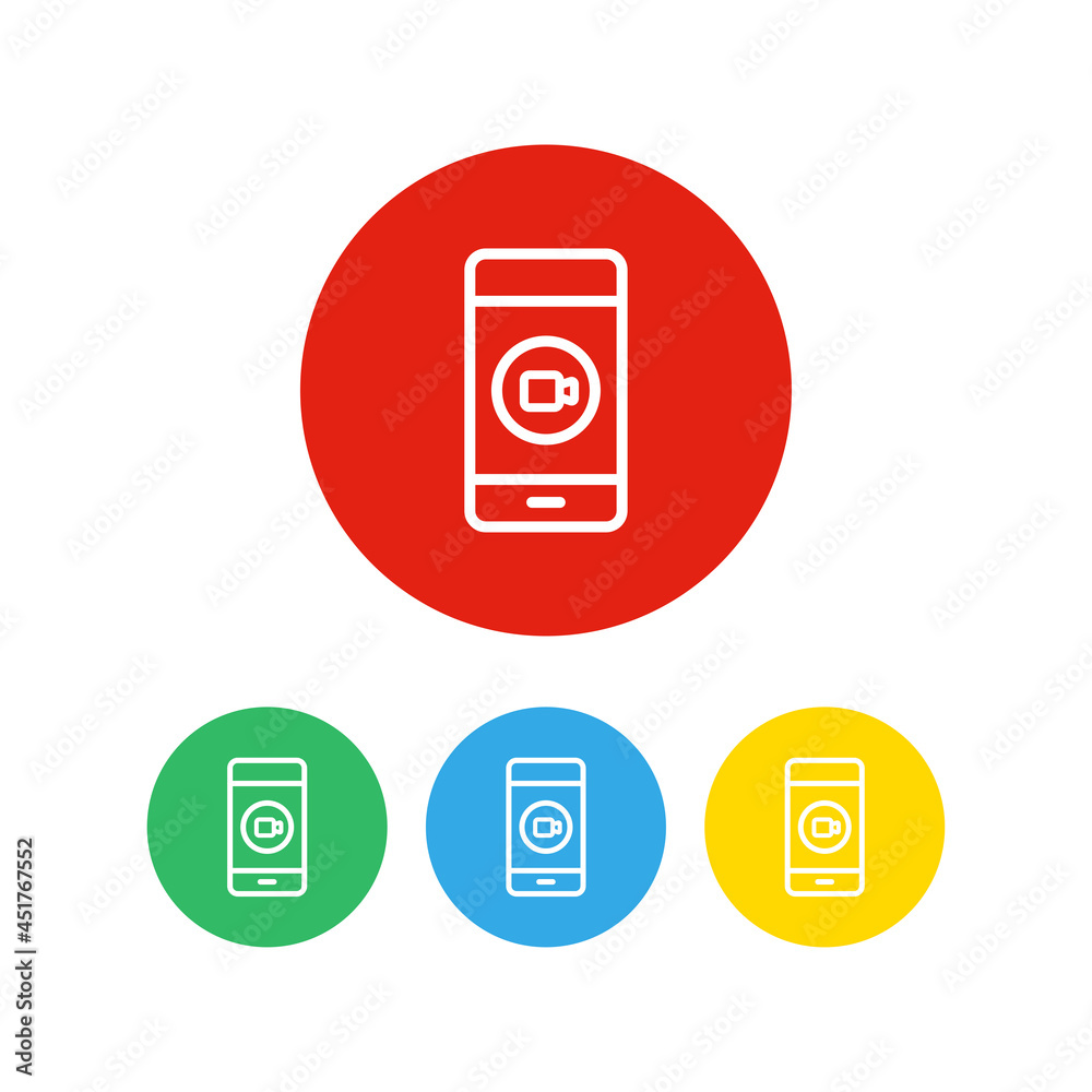 Set of 4 colorful icons. Smartphone with video camera icon and white background. Set of 4 colorful icons. Smartphone with video camera icon and white background.