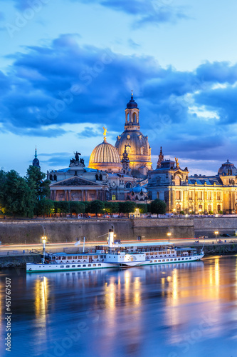 Dresden Frauenkirche church skyline Elbe old town panorama in Germany at night portrait format