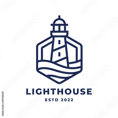 Lighthouse logo. Nautical light beacon line icon. Maritime harbor building symbol. Vector illustration. photo