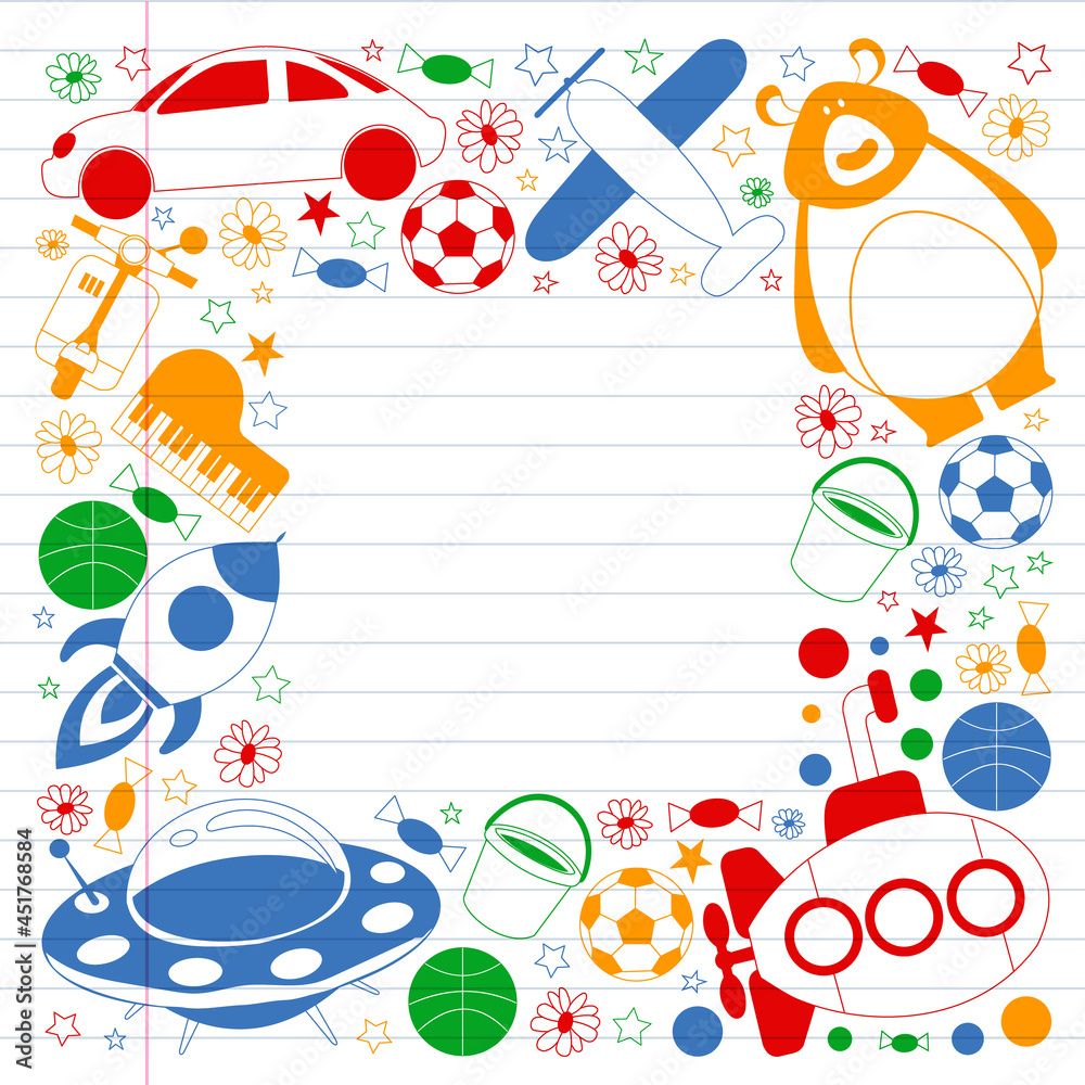 Children play with toys in the kindergarten. Kids playground. Education, creativity, imagination.
