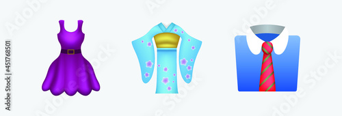 Clothes icons emoji set. Cartoon set of clothes icons isolated on white background. Party dress with belt. Chinese colored woman traditional dress with flowers vector illustration. Men suit vector.
