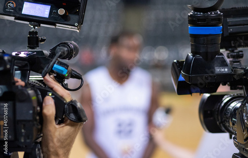 Canvas basketball player giving an interview focus on professional cameras