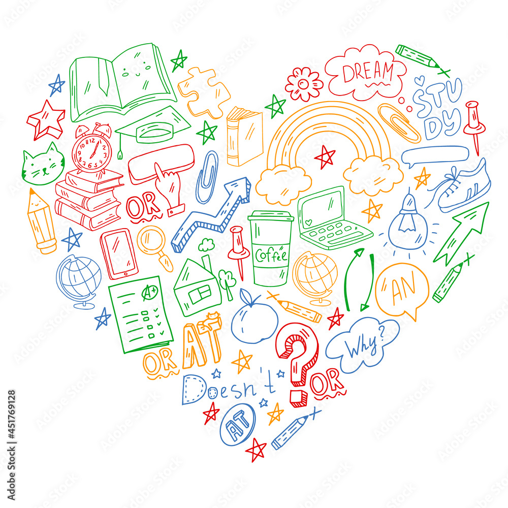Concept of learning English. Online language courses. E-learning. Pattern with vector icons. Concept of learning English. Online language courses. E-learning. Pattern with vector icons.