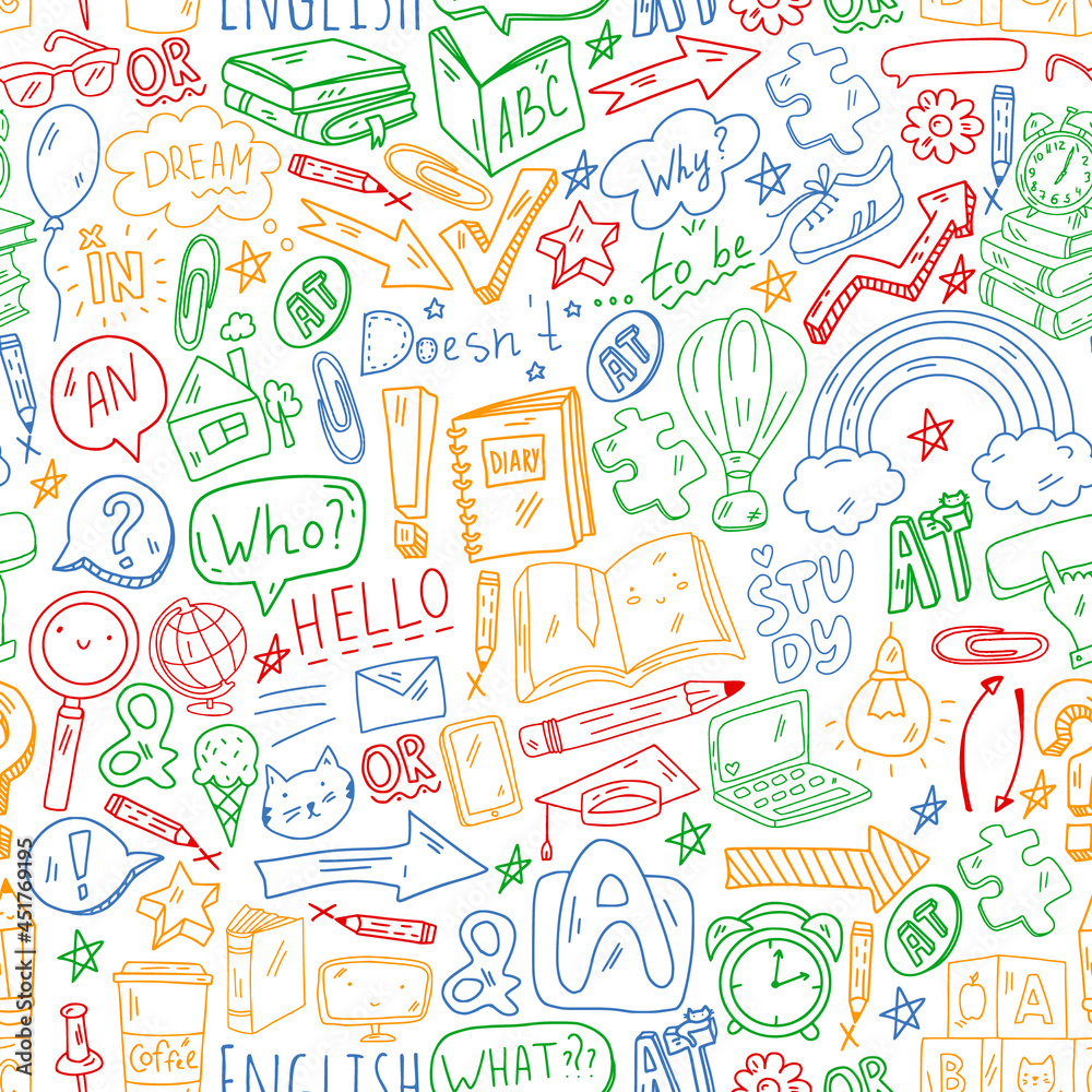 Concept of learning English. Online language courses. E-learning. Pattern with vector icons. Concept of learning English. Online language courses. E-learning. Pattern with vector icons.