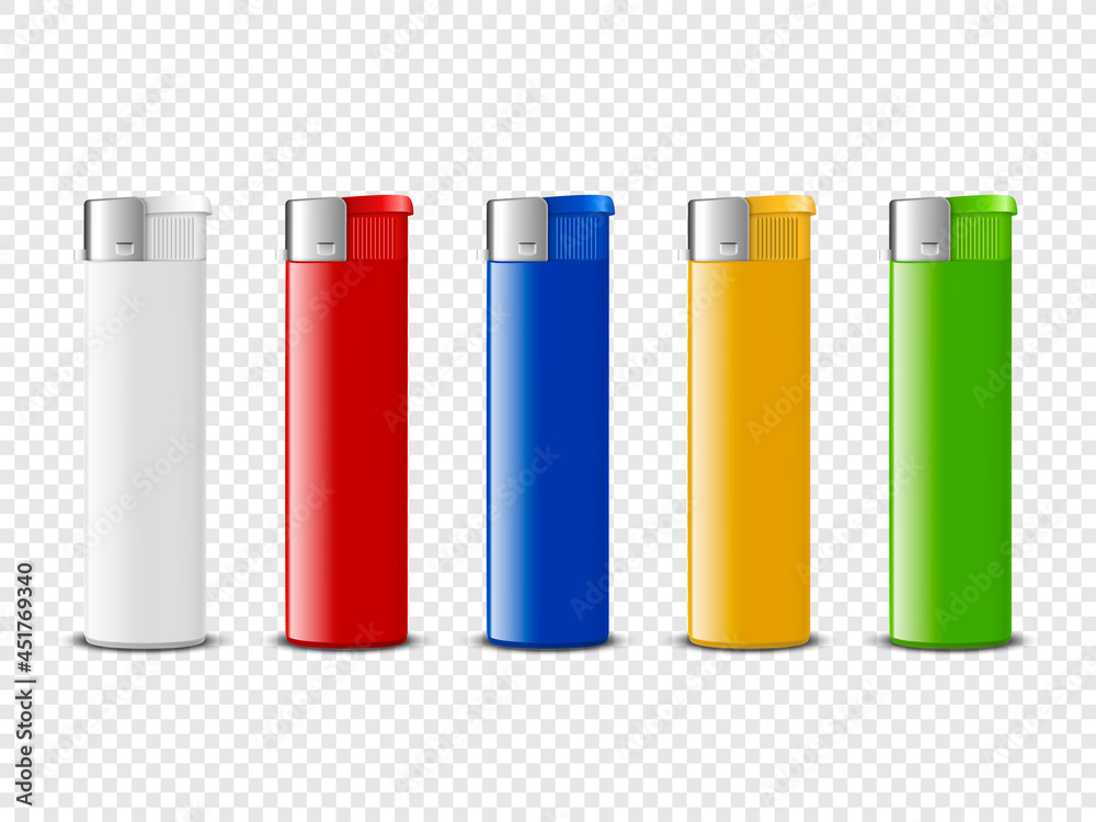 Vector 3d Realistic Blank White, Red, Blue, Yellow, Green Blank Cigarette Lighter Set Closeup Isolated. Design Template for Advertising, Mockup, Corporate Identity. Front View