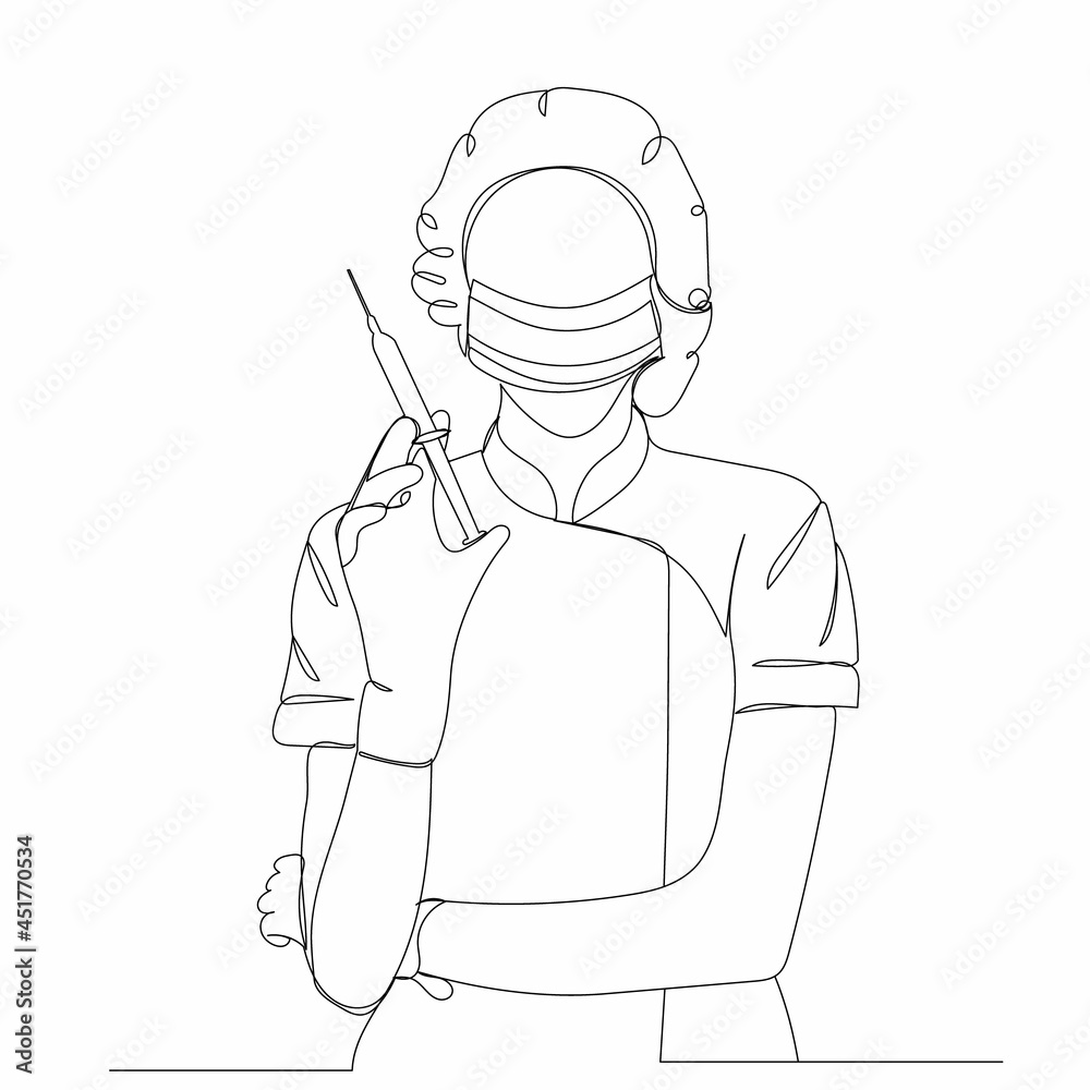 continuous line drawing doctor with syringe sketch