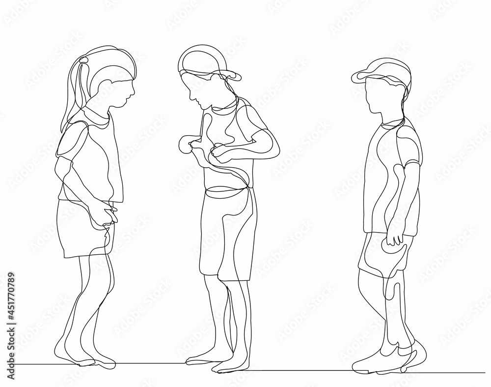 continuous line drawing group of children