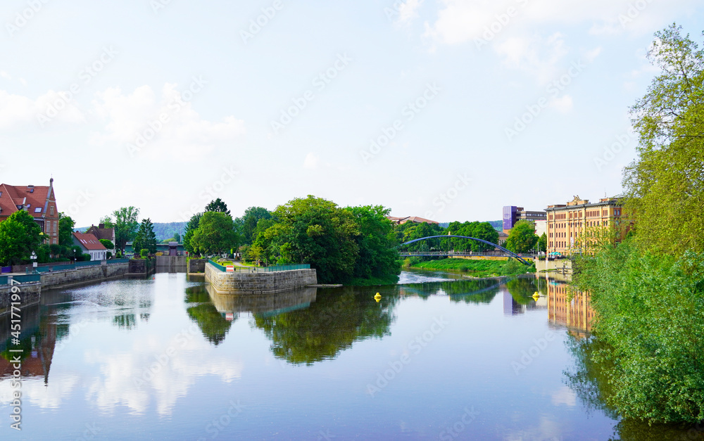 City of Hameln with a view of the Weser. City of Hameln with a view of the Weser.