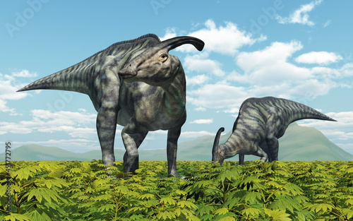 Dinosaurier Parasaurolophus in einer Landschaft © Michael Rosskothen